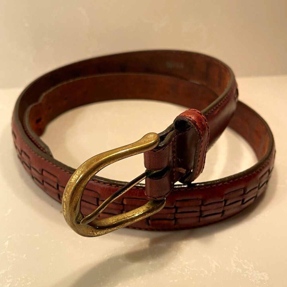 Men’s Brown Belt with Solid Brass Buckle and Woven Inlay Size 38